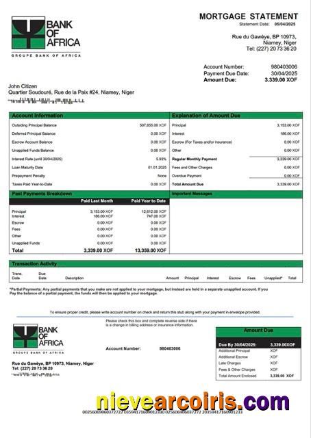 Niger Bank of Africa mortgage statement Word and PDF template